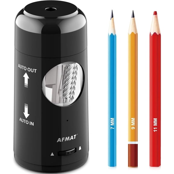 AFMAT Electric Pencil Sharpener, Rechargeable Fully Automatic Pencil Sharpener for Jumbo & Colored Pencils (7-11.5mm), Auto in/Out, Hands-Free, Portable for Home/Classroom/Office,Black