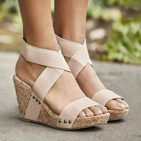 

Women s Shoes Elastic Band Slope Heel Thick Bottom Rivets Fashion Sandals