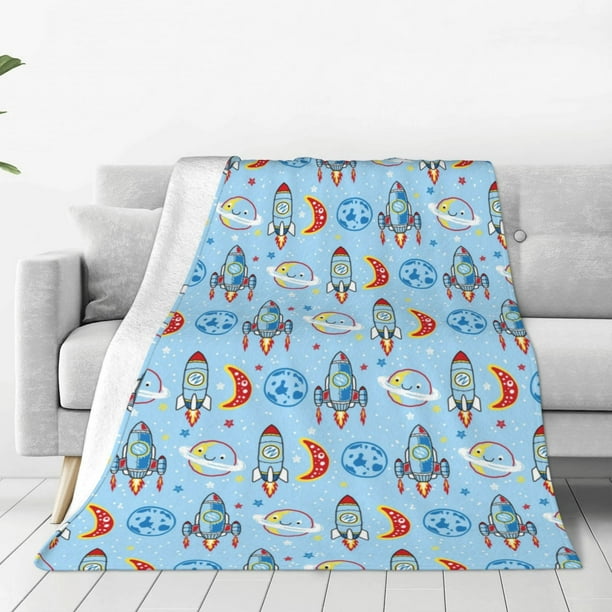Fotbe Cartoon Rocket With Space Manta de Franela Acolchonada con Estampado, Súper Suave y Esponjosa, Extra Grande para Sofá, Cama, Uso Todo el Año-60"x50"