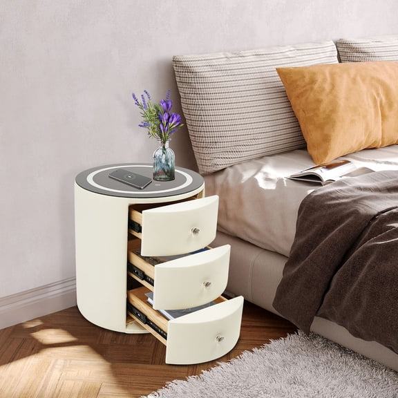 1 PCS Narrow Nightstand with Drawers, Bedside Table with Light for Bedrooms, Round Smart Bedside Table, 3 Drawers, 40kg/88lbs Load Capacity