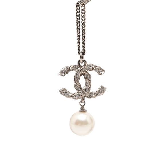 Pre-Owned Chanel Coco Mark Chain Pendant Necklace, C14V Stamped, Silver Metal, Faux Pearl...