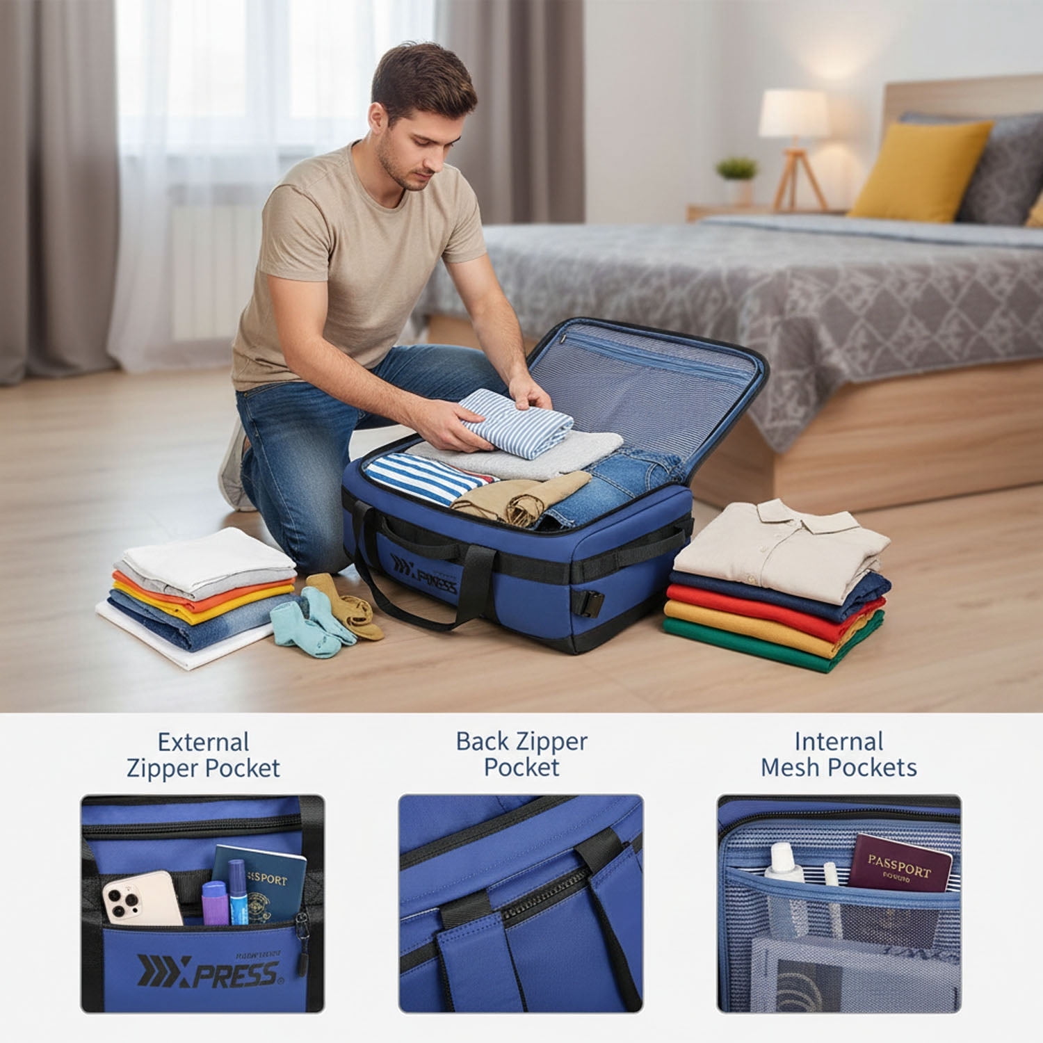 New York Xpress 40L Convertible Duffel Bag,Heavy-Duty Water-Resistant Travel Bag with Backpack Straps, Blue - LX737