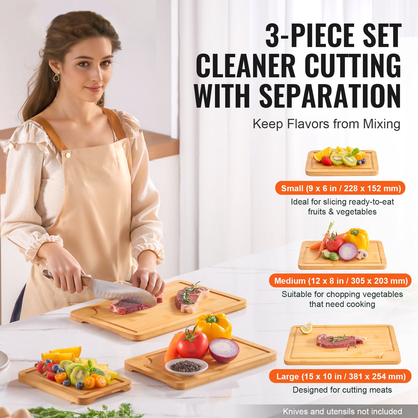 KFFKFF 3PCS Kitchen Cutting Board Set, Bamboo Cutting Board, for Kitchen, 3 Assorted Sizes