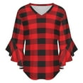 thumbnail image 5 of Buffalo Plaid Red Black Women's V-Neck Blouse With 3/4 Ruffled Bell Sleeves Casual Top Ladies Blouses, 5 of 7