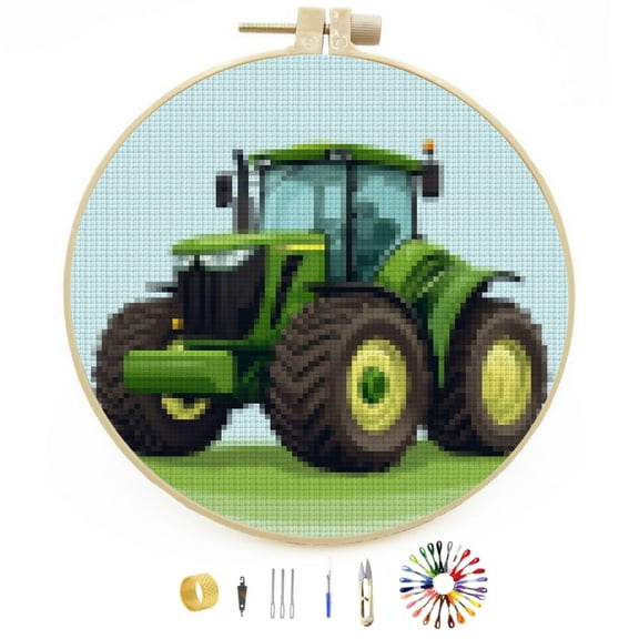 DIY Stamped Cross Stitch Kits Cartoon Green Tractor Easy for Beginners with Hoop 11CT Counted Embroidery Needlepoint Crafts Arts for Handmade Enthusiasts and Home Decor 30x30cm(1)