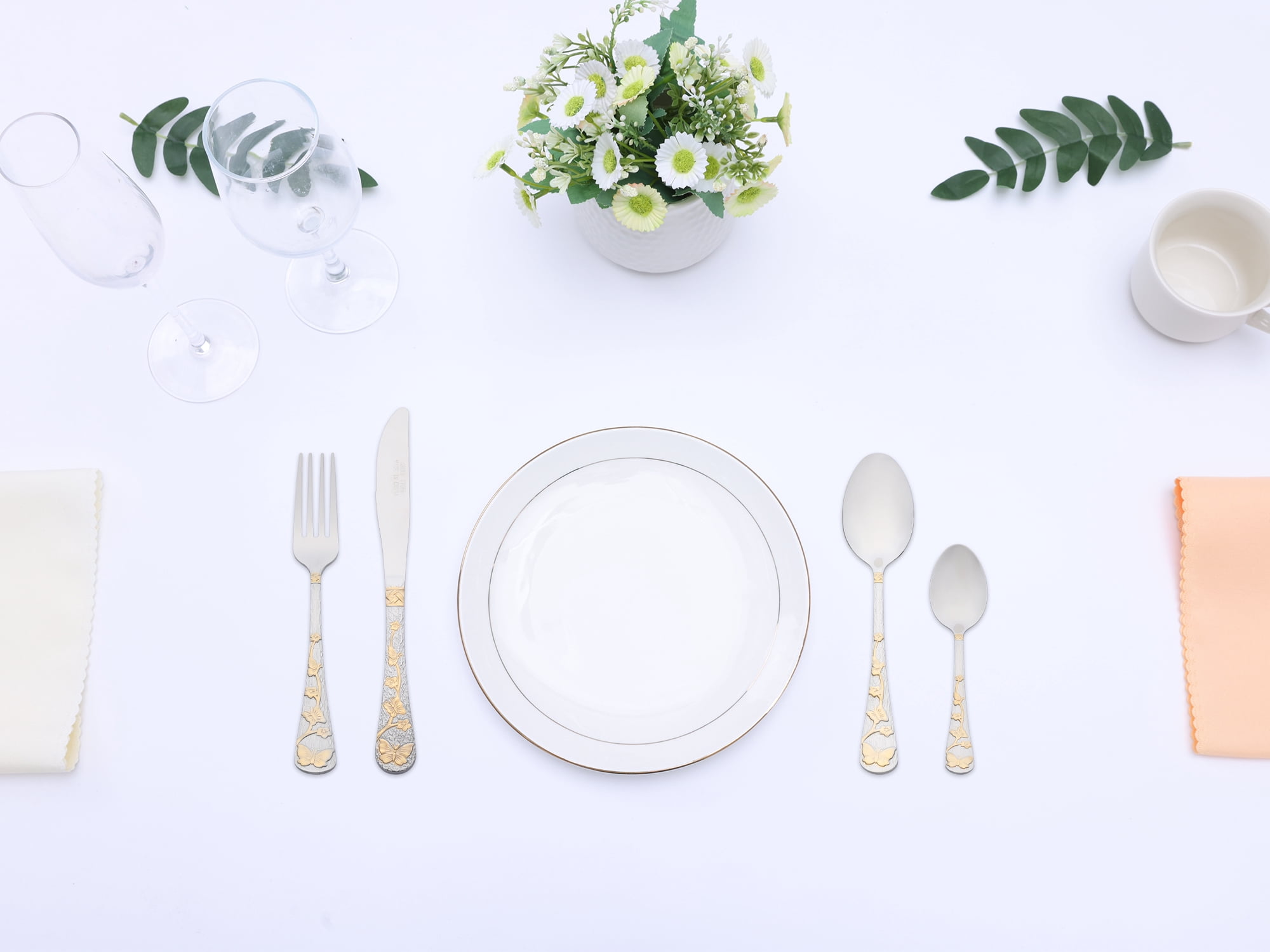 Unique Bargains 4 Piece Silverware Set Stainless Steel Floral Flatware Gold 4