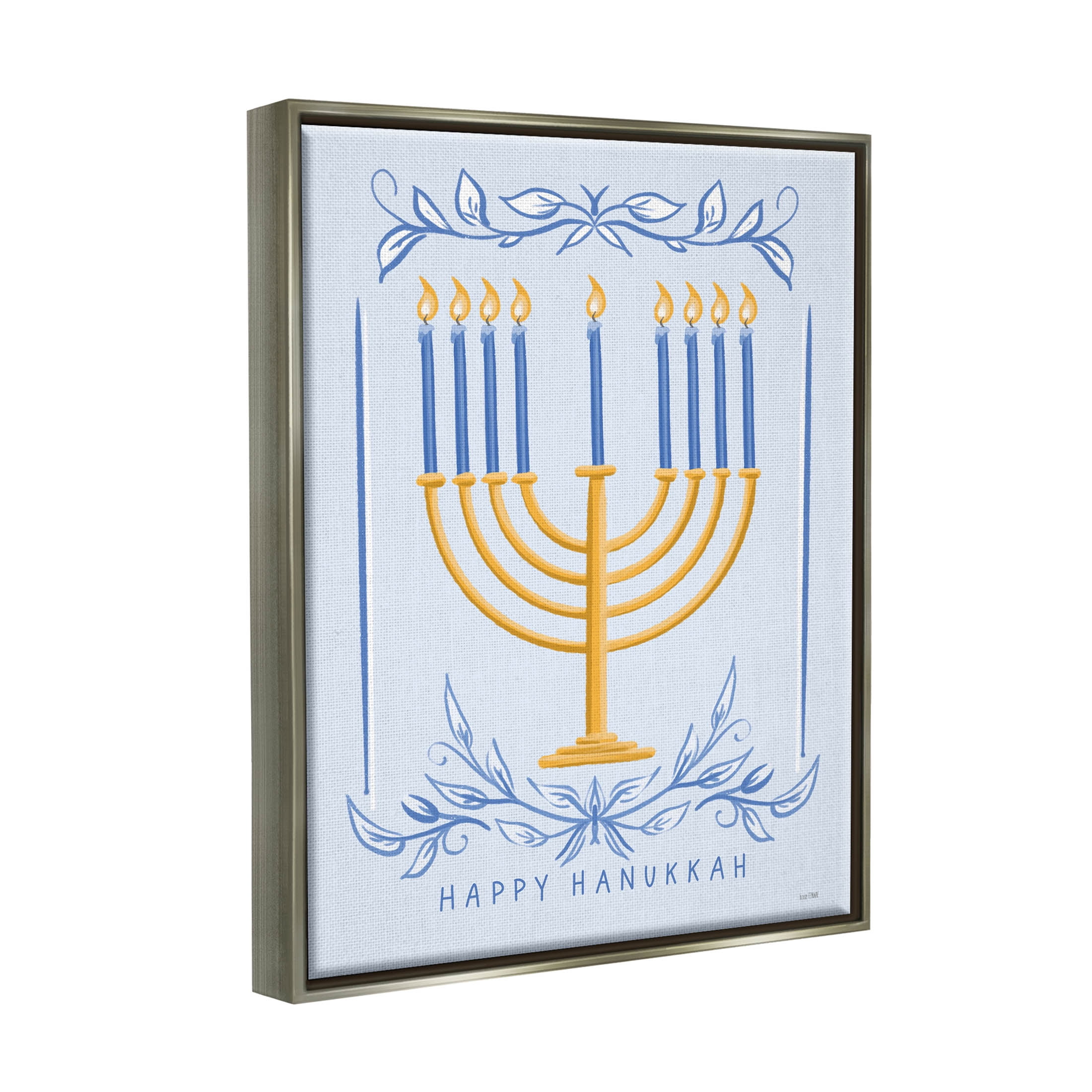 Happy Hanukkah Botanical Menorah Holiday Graphic Art Luster Gray Framed Art Print Wall Art