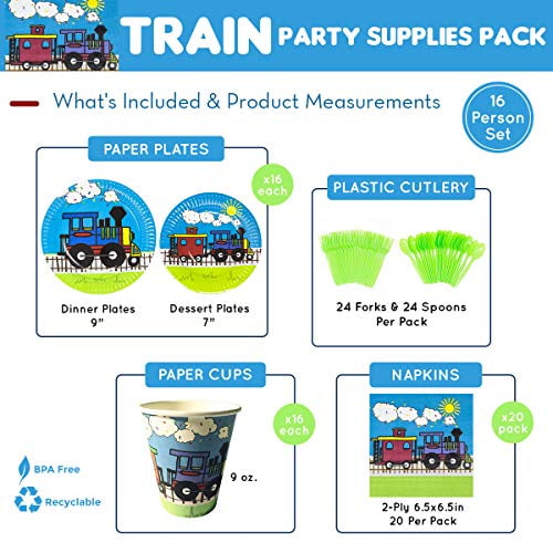 Blue Orchards Train Standard Party Packs Train-Themed Birthday 65+ Pieces for 16 Guests! Baby Shower Supplies 1st Birthday Tableware