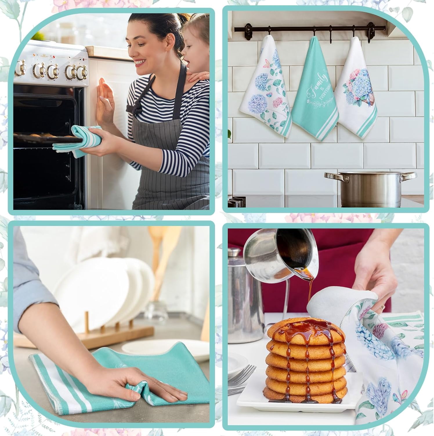 luyaa Set of 6 Daisy Kitchen Towels Spring Floral Gnome Dishtowels Flower Rustic Tea Towels Absorbent Forest Green Hand Wash Cloth 26"x18" for Farmhouse Kitchen Bathroom Housewarming Gift