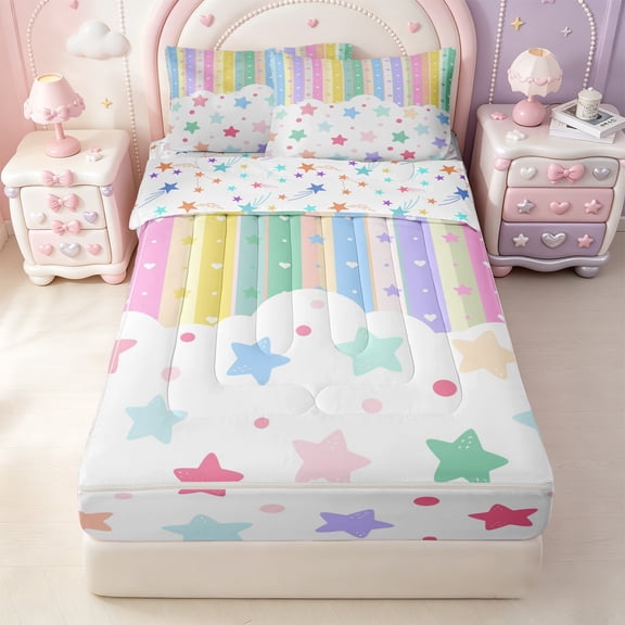 Erosebridal Kawaii Rainbow Stars Zipper Twin Comforter Sets with Fitted Sheet and 2 Pillowcases,Cute Colorful Lines Art Zipper Bedding Set For Girls,Colorful Stars Reversible,4-Piece