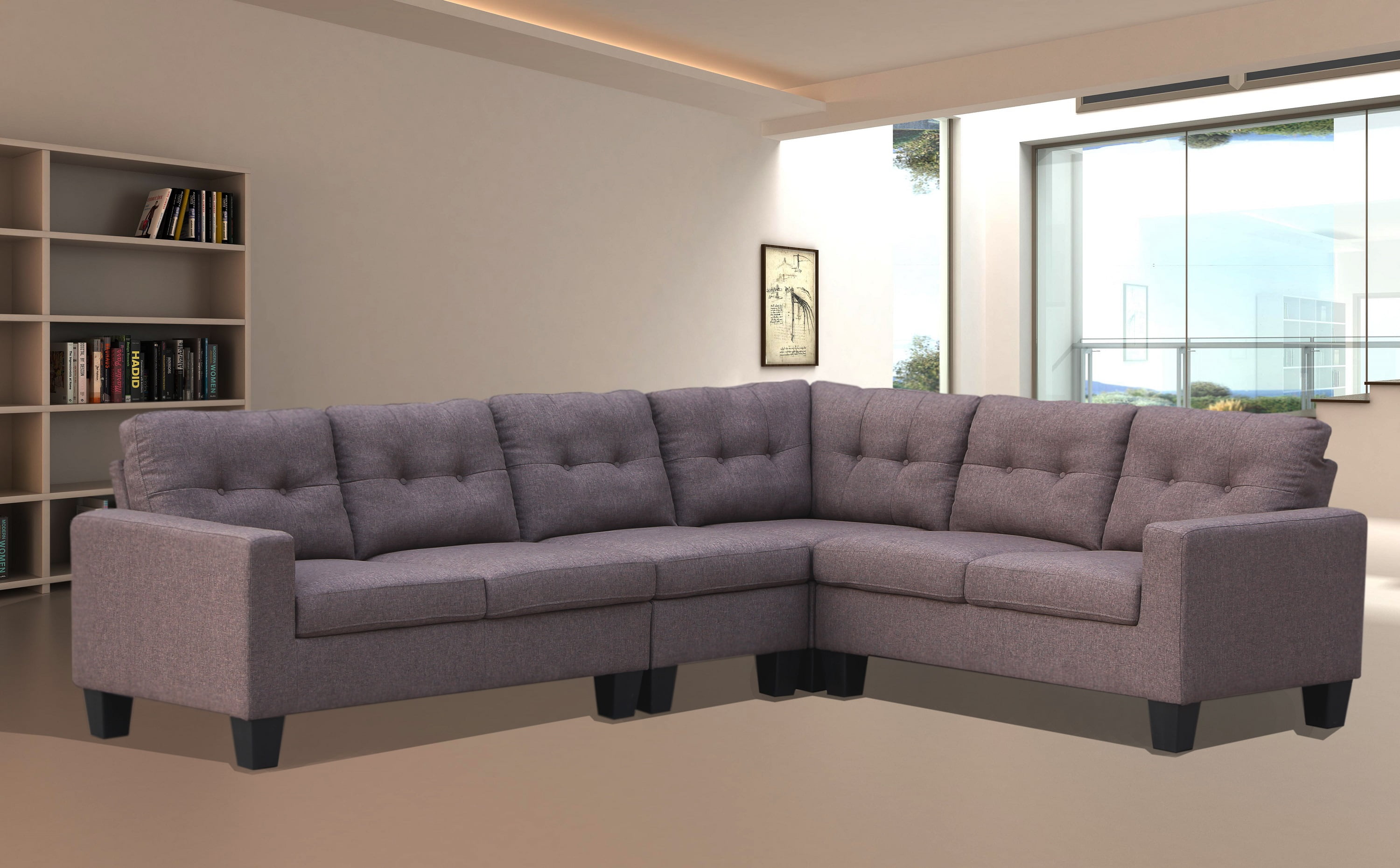 Living Room Furniture Simple Look Causal Modern Sectional Sofa Set Brown Linen Upholstered Cushion Loveseat Armless Chair Corner Wedge