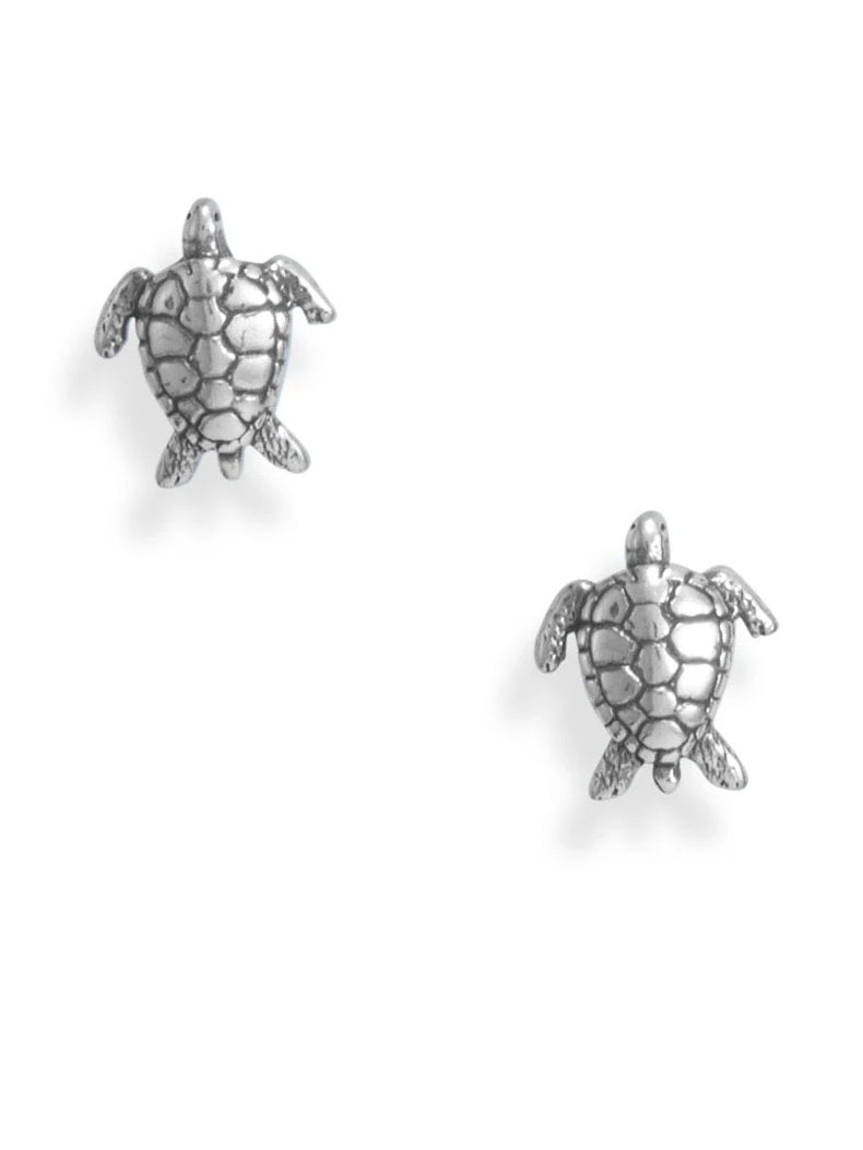 Sea Turtle Stud Earrings Sterling Silver Antiqued