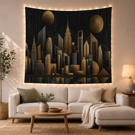 Golden Skyscrapers Under Twin Moons, Dramatic Art Deco for Cityscape Fans, Geometric Urban Decor, Housewarming Gift, Tapestry Wall Hanging for Bedroom and Living Room