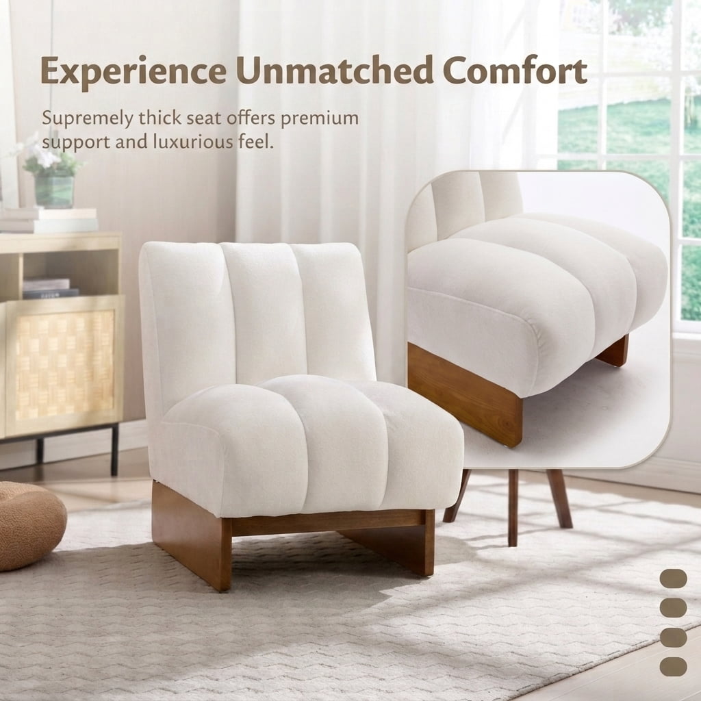 MOONMISS Modern Chenille Fabric Armchair with Wood Legs, Comfy Upholstered Reading Accent Chairs for Living Room,White
