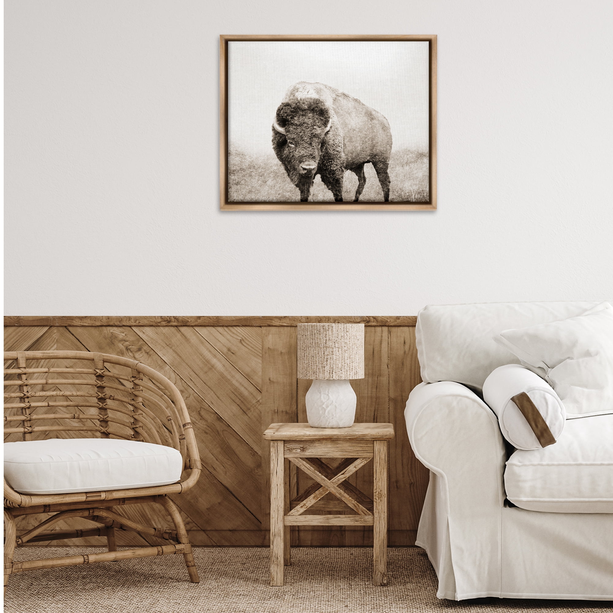 Stupell Industries Bison Distressed Portrait Animals & Insects Photography Brown Floater Framed Canvas Art Print Wall Art, 31 x 25