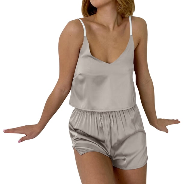 Gibobby camisón de lactancia para mujer Pijama de cuello en V sólido para mujer, tirantes finos de verano, conjunto de pantalones cortos y chaleco corto con ombligo abierto (Beige, S)
