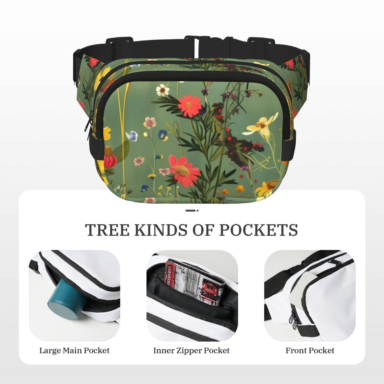 Picia Botanical Garden With Cats Print Square Double-Layer Waist Bag Mini Adjustable Waist Belt Bag Exercise Running Travel Hiking