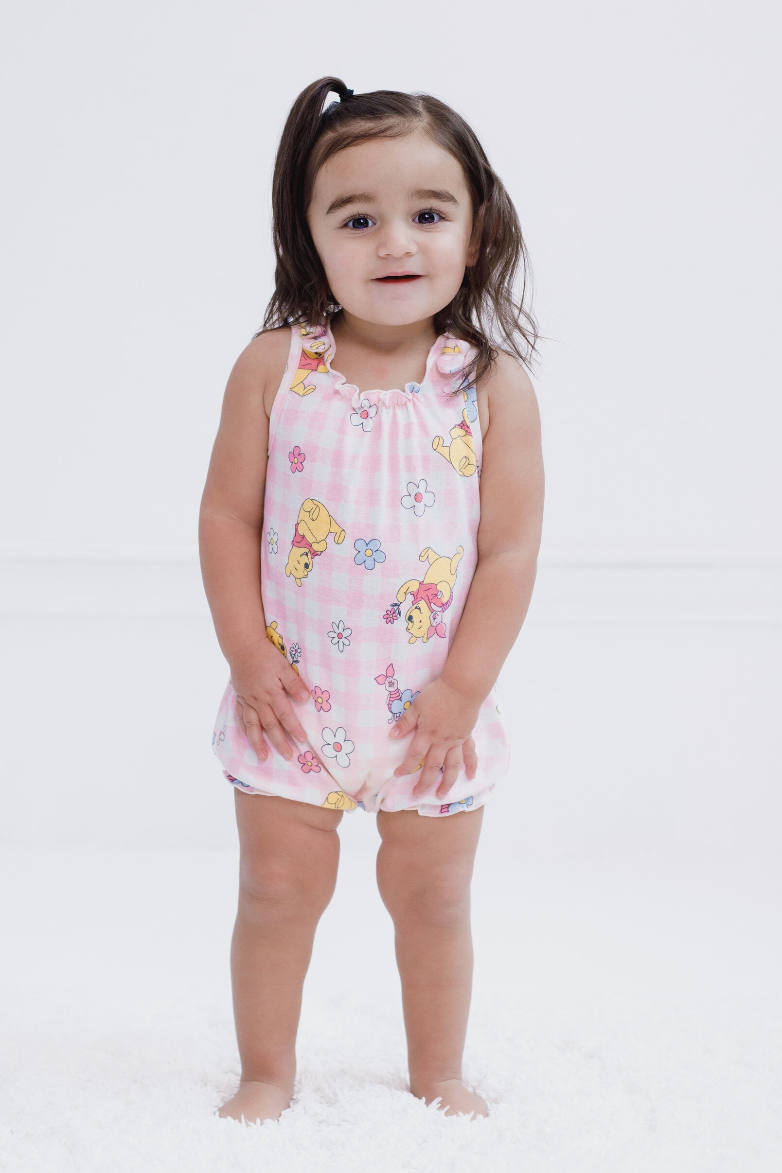 Disney Winnie the Pooh Baby Girls' 2-Pack Short Sleeve and Sleeveless Bubble Romper Set Tusk and Pink Winnie the Pooh and Piglet