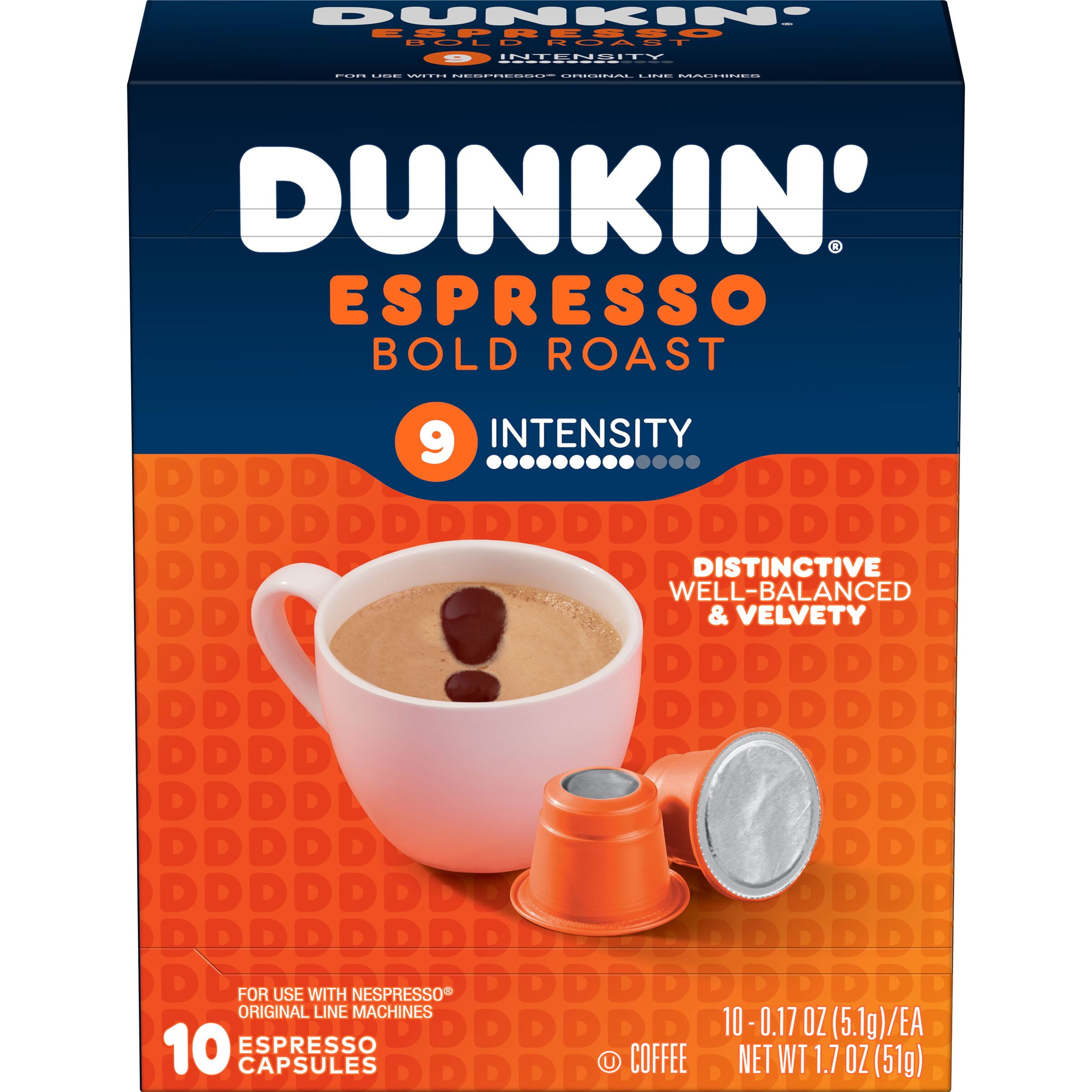 Dunkin Espresso Bold Roast Coffee, 10 Count Capsules for Espresso Machines, 9 Intensity