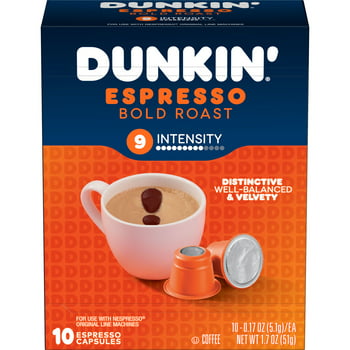 Dunkin Espresso Bold Roast Coffee, 10 Count s for Espresso Machines, 9 Intensity