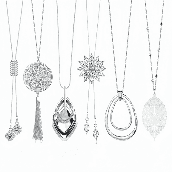 6 Pcs Long Pendant Necklace Set for Women - Fashion Chain Layering Chains with Flower, Tassel & Leaf Charms (Silver Tone)