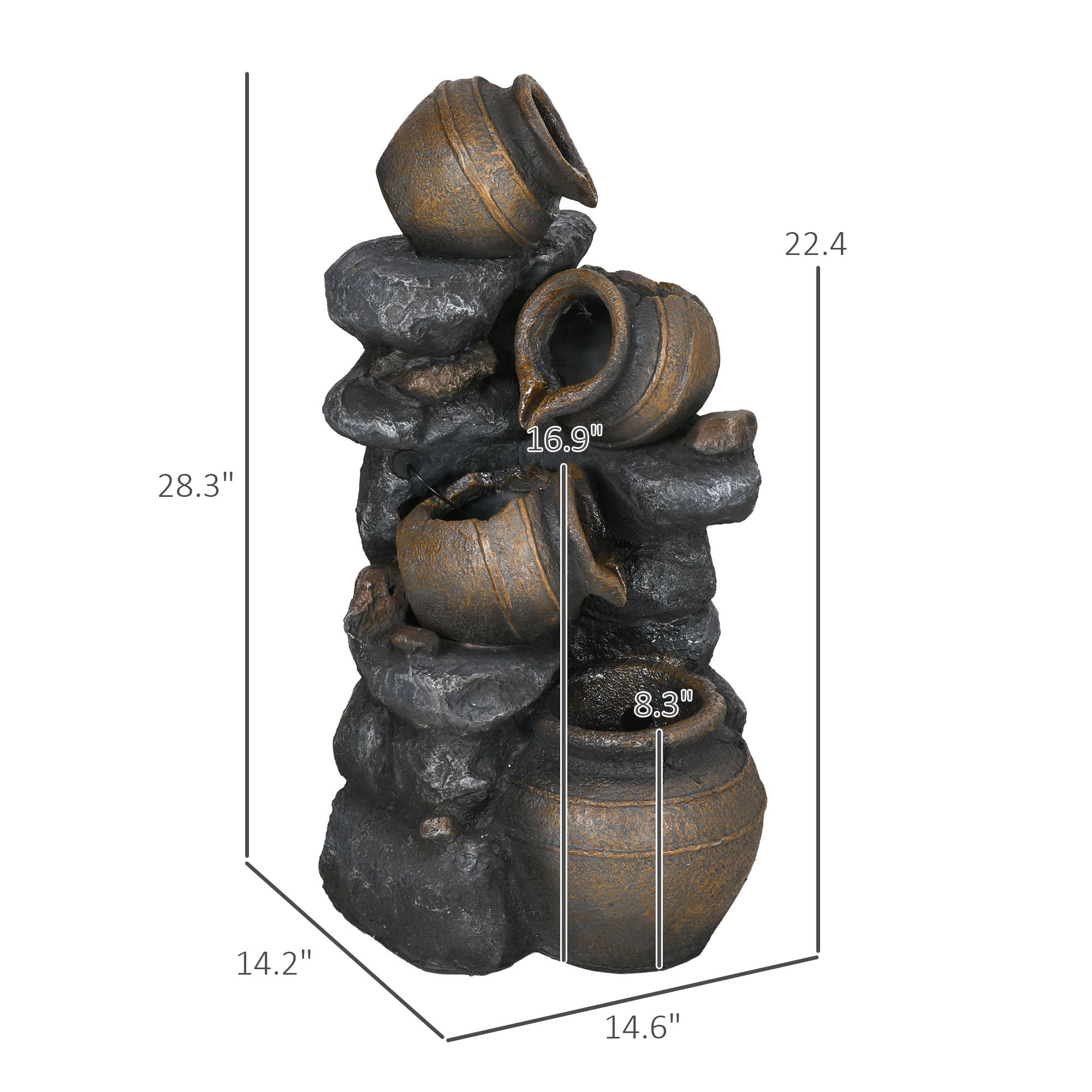28.3" Solar Water Fountain, 4-Tier Resin Cascading Jars and Stacked Stones Outdoor Waterfall Fountain with LED Lights