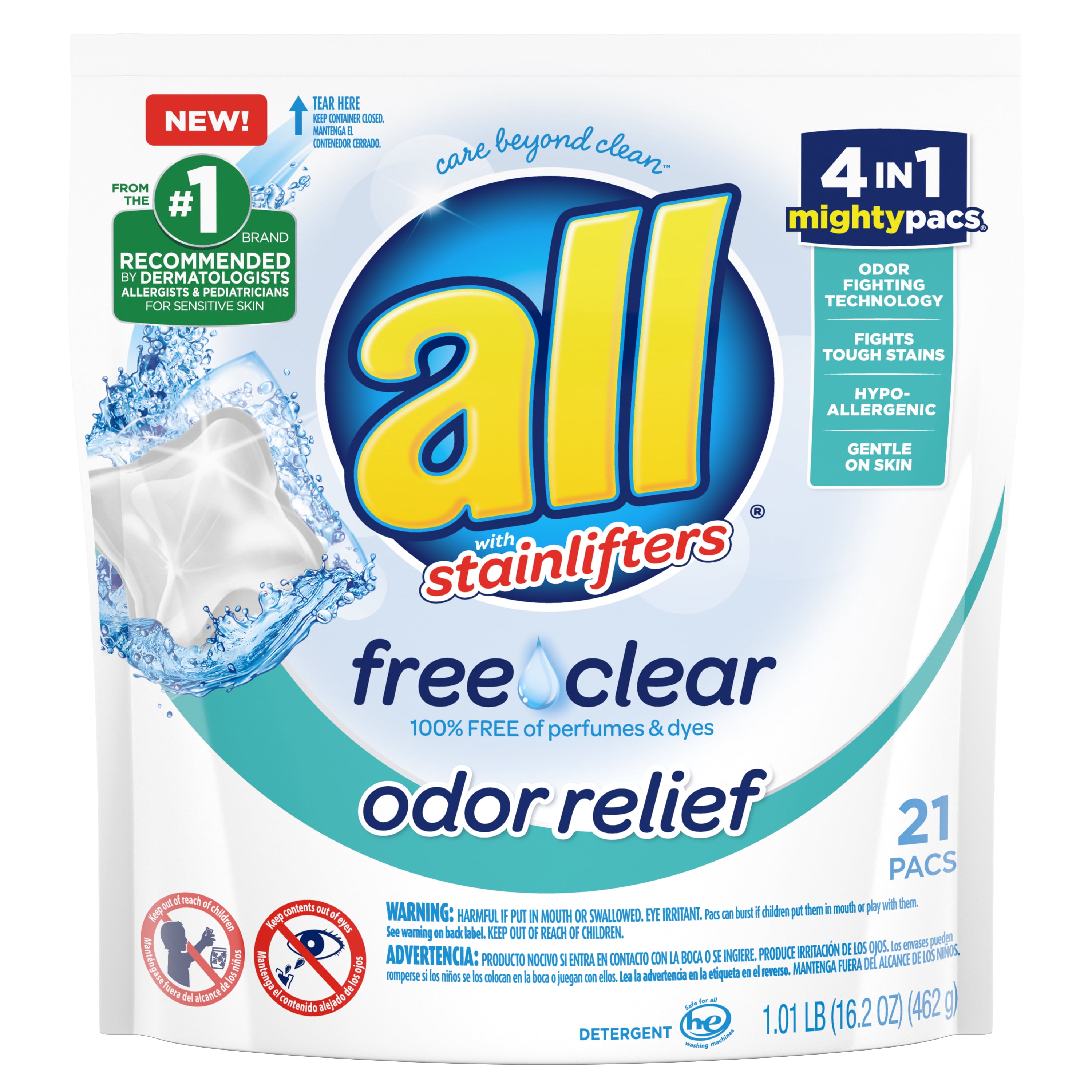 all Mighty Pacs Laundry Detergent Pacs, 21 Count, Free Clear Odor
