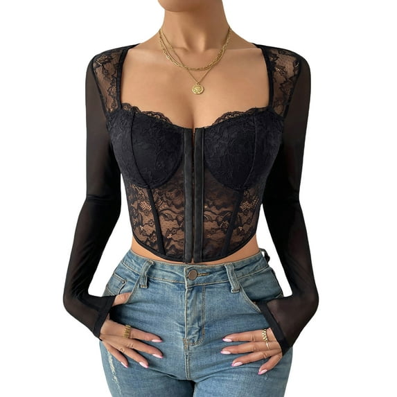 Seyurigaoka Women's Sexy Bustier Corset Top Long Sleeve Square Neck Mesh Crop Tops Vintage Backless Boned Bustier Bodyshaper Shirts