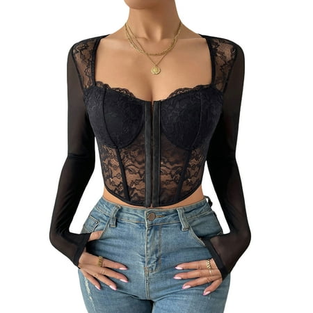 

Women Corset Crop Top Long Sleeve Square Neck Lace Patchwork Sheer Tops T-Shirt Summer Streetwear