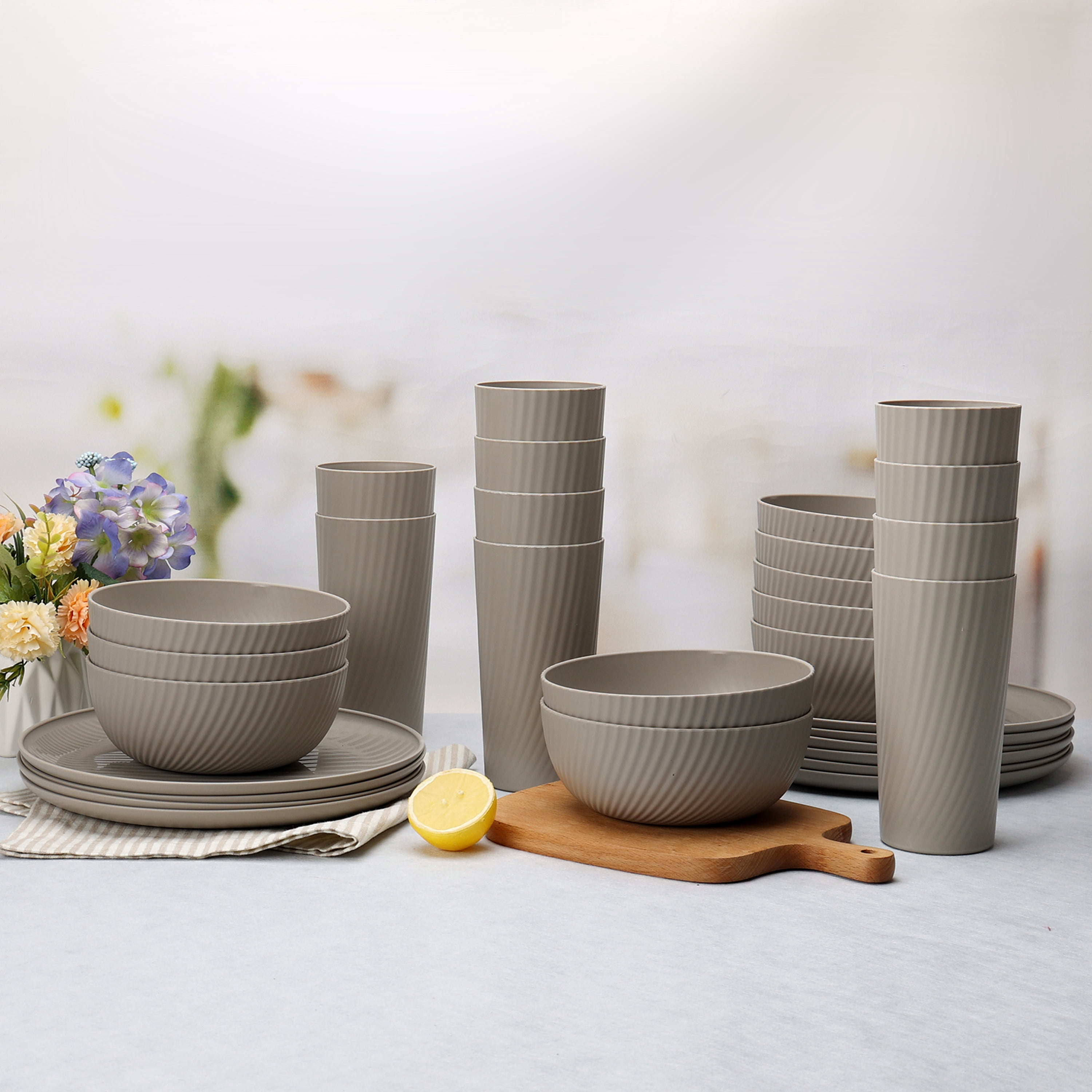 Mainstays 30-Piece Plastic Swirl Pattern Dinnerware Bundle Set, Beige
