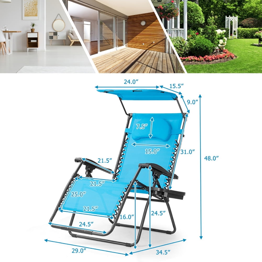 Aimee Lii Folding Recliner Lounge Chair with Shade Canopy Cup Holder, Outdoor Patio Furniture, Blue