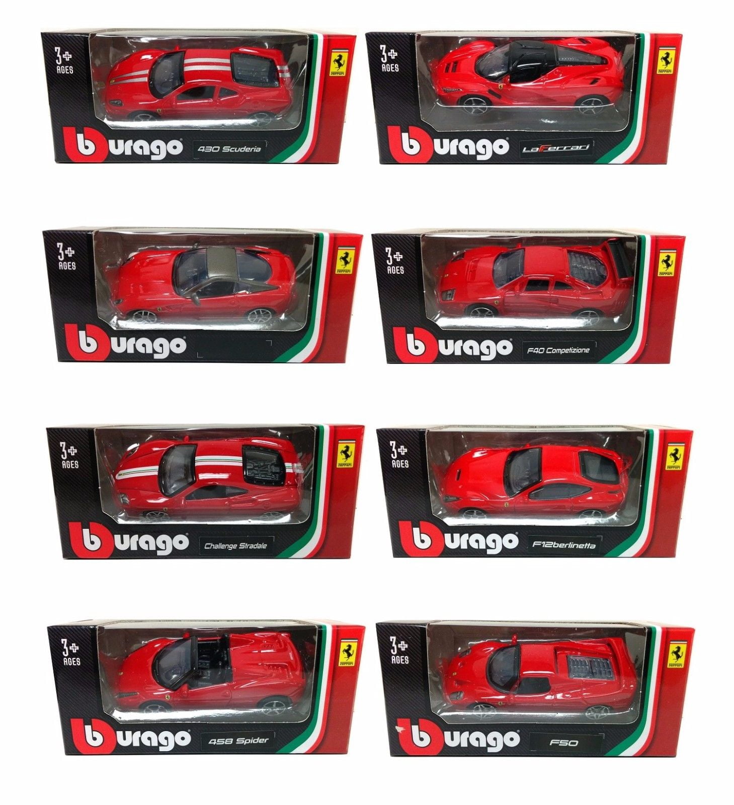 BBURAGO 8 PIECES SET 1:64 FERRARI RACE & PLAY ASSORTMENT DIECAST CAR ...