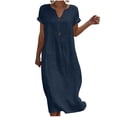 thumbnail image 3 of Women's Notch V Neck Maxi Dress Rolled Short Sleeve Loose Straight Casual Long Dress With Decorative Buttons Lightweight Summer Beach Cover Up Vacation Dress, 3 of 6