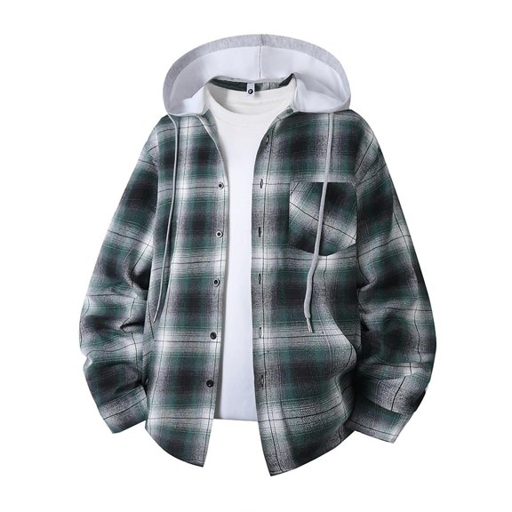 Sevevn Men's Plaid Flannel Shirt Hooded Jacket Long Sleeve Button Dual Pocket Loose Casual Fall Shacket Outerwear Coat Green XL