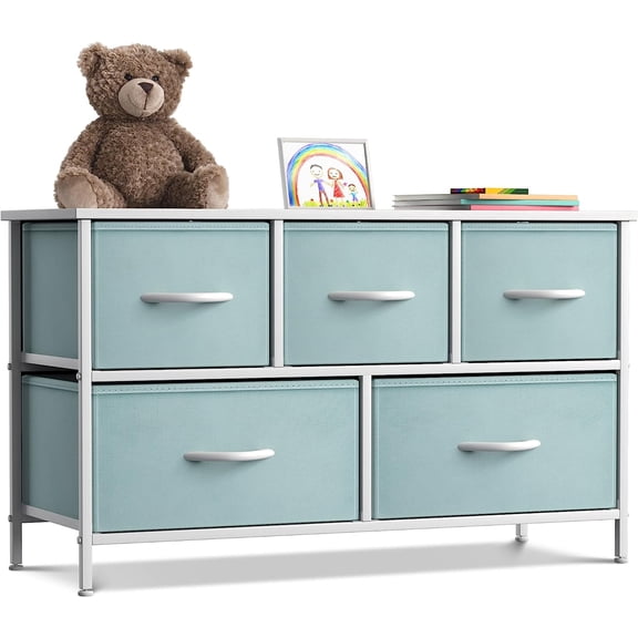 Sorbus 5-Drawer Dresser Storage Chest, Steel Frame, Wood Top, Fabric Bins, Aqua