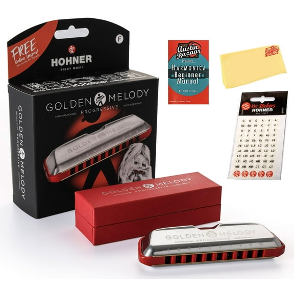 Hohner Golden Melody Harmonica Bundle with Carrying Case, Key Stickers, Harmonica Beginner Manual, and Austin Bazaar Polishing Cloth - Key of F