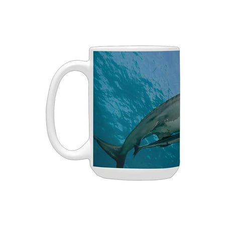 

Nautical Decor Underview of a Tiger Shark Swimming in Bahamas Ocean Tropical Danger Sea Picture Blue Ceramic Mug (15 OZ) (Made In USA)
