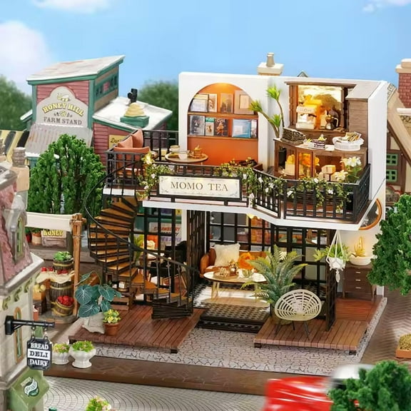 Forest Teashop Dollhouse Kit - Miniature Wizardi Roombox Kit with LED Light F07M51-68-LV-001-A