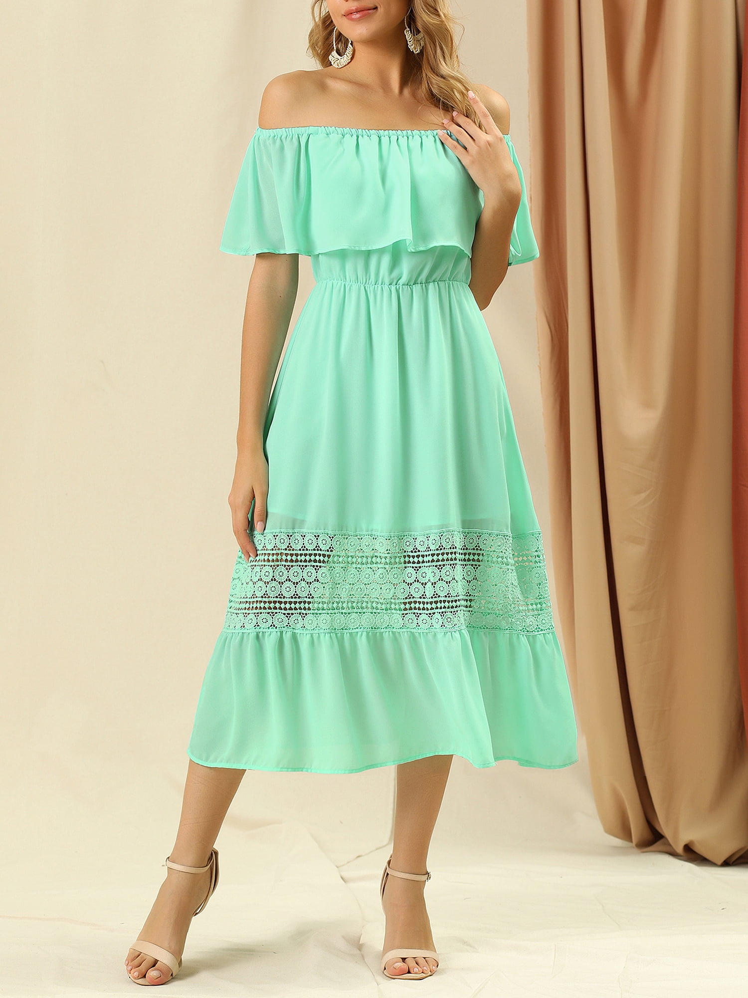 DARING DIVA Women's Off Shoulder Flutter Sleeve Maxi Dress L Mint Green