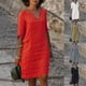 thumbnail image 3 of Women's Short Sleeve Cotton Linen Midi Dress Ladies Solid V Neck Baggy Sundress-9, 3 of 3
