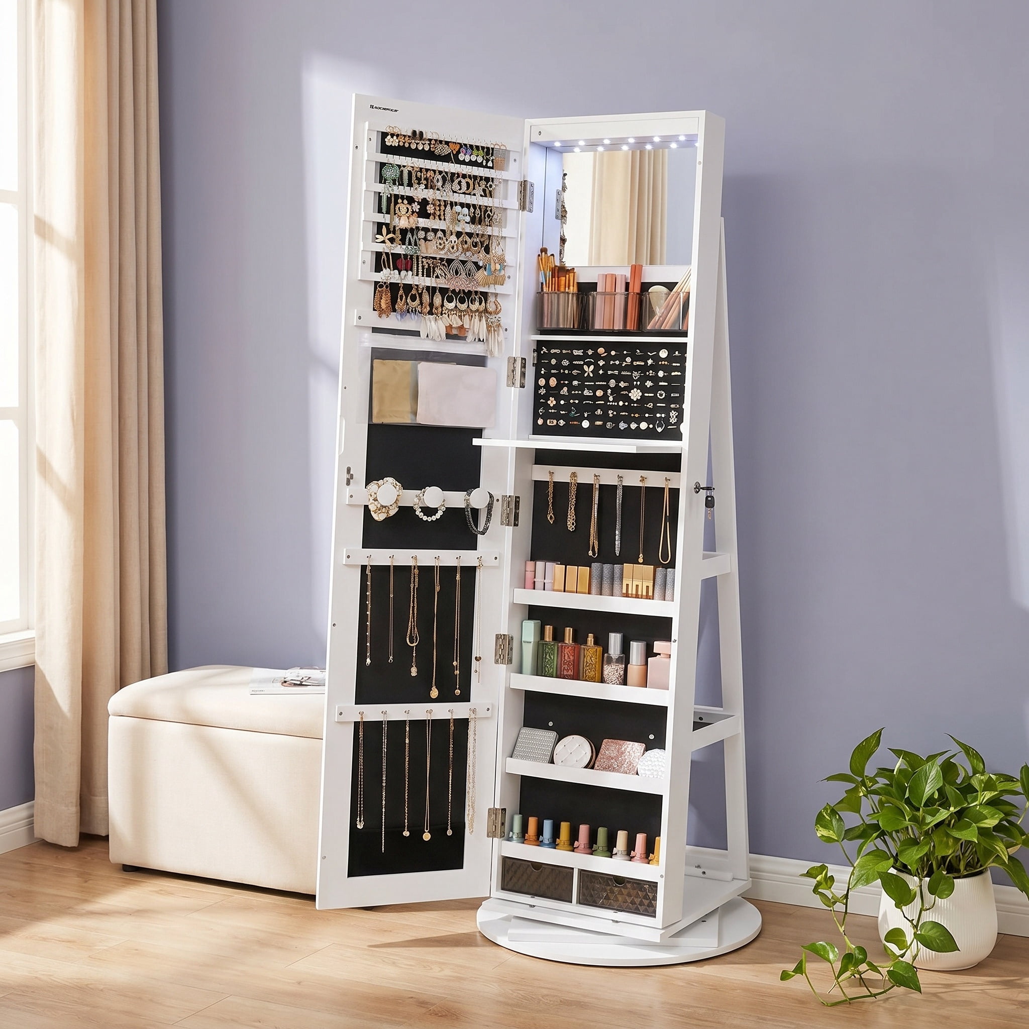 Nordic Hygge 360° Swivel 6-LED Lockable Jewelry Cabinet with Full-Length Mirror – White & Black