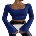 thumbnail image 1 of Women Solid Color Ribbed Square Neck Lettuce Hem Show Navel T-Shirts Spring Autumn Flare Long Sleeve Slim Crop Tops Black M, 1 of 6
