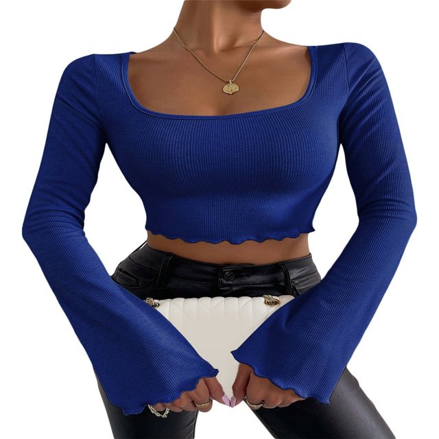 Women Solid Color Ribbed Square Neck Lettuce Hem Show Navel T-Shirts Spring Autumn Flare Long Sleeve Slim Crop Tops Black M