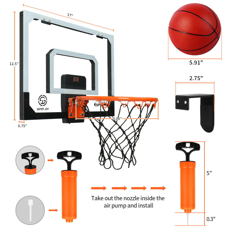 SUPER JOY Mini Basketball Hoop Over The Door, Wall Mounted Basketball Hoop  Set with Accessories, Indoor Basketball Toy for Kids & Adults 