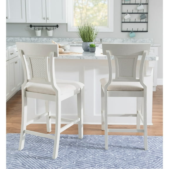 Contemporary Home Living High Woven Back Wooden Bar Stools - 43" - White and Beige