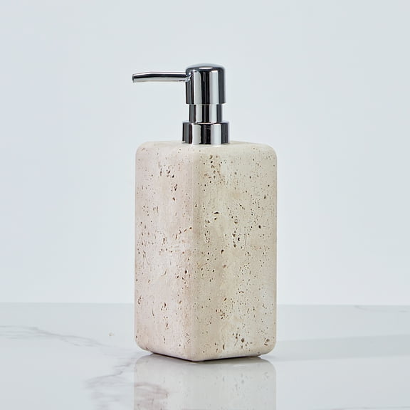 Natural Rectangular Travertine 2.95 × 2.95 × 7.87 Inch Soap Pump with Stainless Steel Pump, Reusable Bottle for Lotion, Hand Soap, Cream, Modern Home Decor for Bathroom, Bedroom, Dressing Table