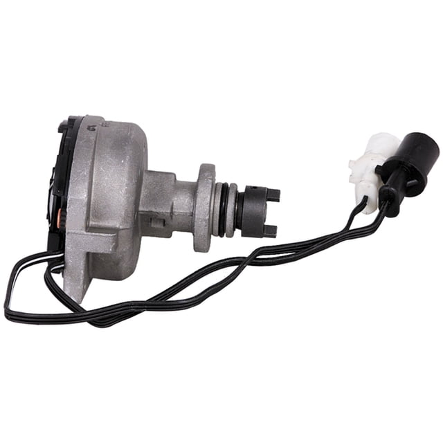 distribuidor shadow 1989 a 1992 dodge l4 2.5l reman cardone . Vista 3/4 frontal de distribuidor gris de aluminio con eje y piñón visibles, cableado negro con conector plástico blanco, sin tapa ni rotor, unidad remanufacturada para motor 4 cilindros, a menudo usada como repuesto directo en reemplazos de encendido.