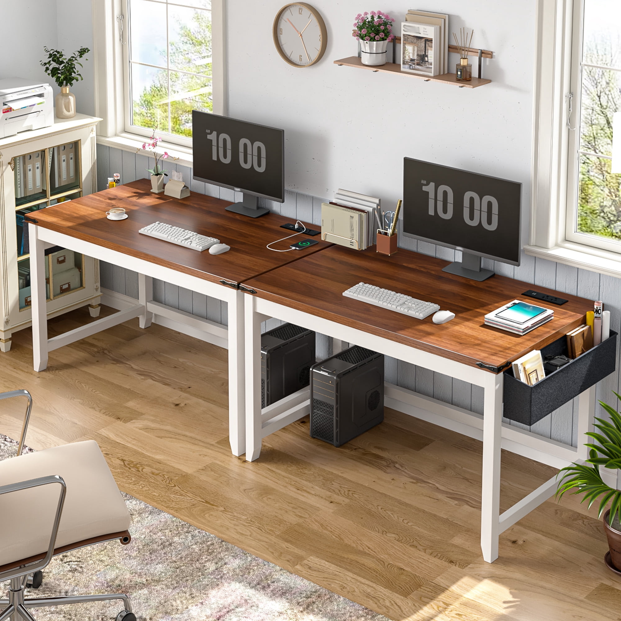 Enhomee Desk Small Desk with Power Outlet 40.1“W Computer Desk with Storage Bag, Brown & White