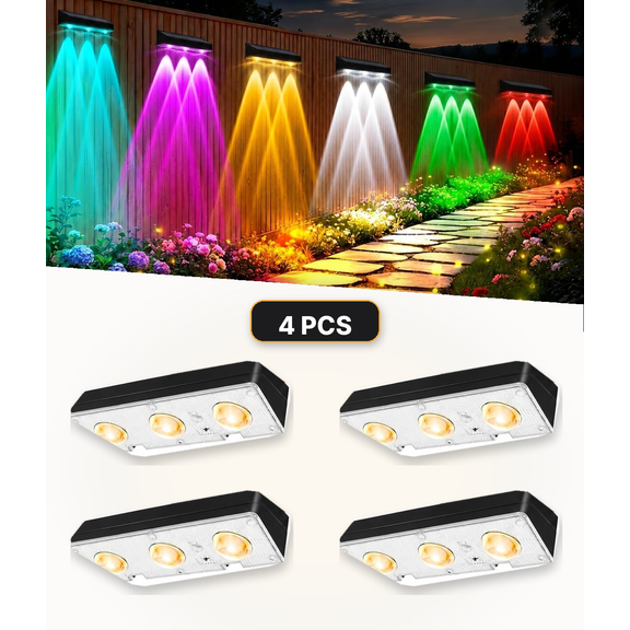 4Pcs Solar Fence Lights Outdoor Waterproof, Fence Lights Solar Powered, 12 RGB Color Modes & Warm White & Cool White, Fence Solar Light Outdoor For Backyard, Patio, Yard, Wall, Deck