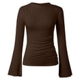 thumbnail image 2 of HLKJKLS Long Sleeve Shirts For Women Boat Neck Bell Sleeve Ribbed Ruched Long Sleeve Top Polyester Spandex Brown S-Xl, 2 of 8